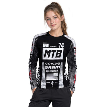 Specialized S-Works 74 Black White Youth Long Sleeve Mountain Bike Jersey – Girl Lifestyle View