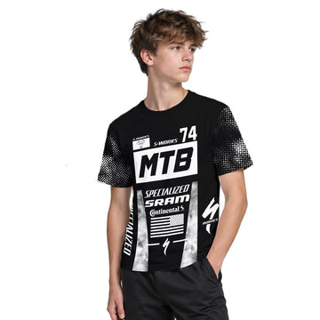 Specialized S-Works 74 Black White Youth Short Sleeve Mountain Bike Jersey – Boy Lifestyle View