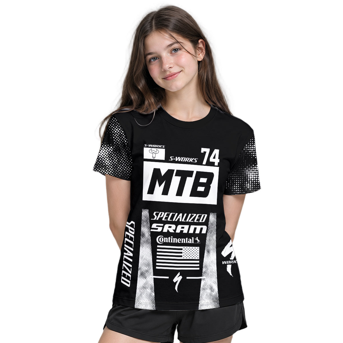 Specialized S-Works 74 Black White Youth Short Sleeve Mountain Bike Jersey – Girl Lifestyle View