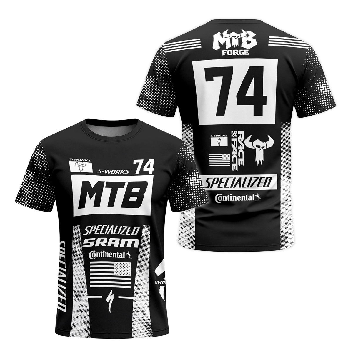 Specialized S-Works 74 Black White Youth Short Sleeve Mountain Bike Jersey – Front and Back View