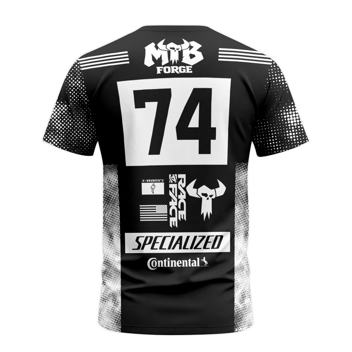 Specialized S-Works 74 Black White Youth Short Sleeve Mountain Bike Jersey – Back View Mockup