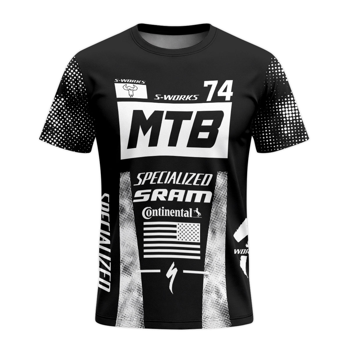 Specialized S-Works 74 Black White Youth Short Sleeve Mountain Bike Jersey – Front View Mockup