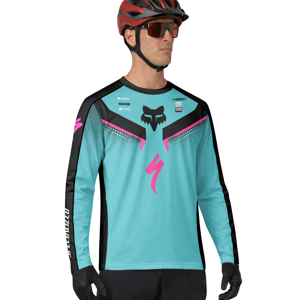 Specialized S-Works Aqua Pink Black Long Sleeve Mountain Bike Jersey - lifestyle view