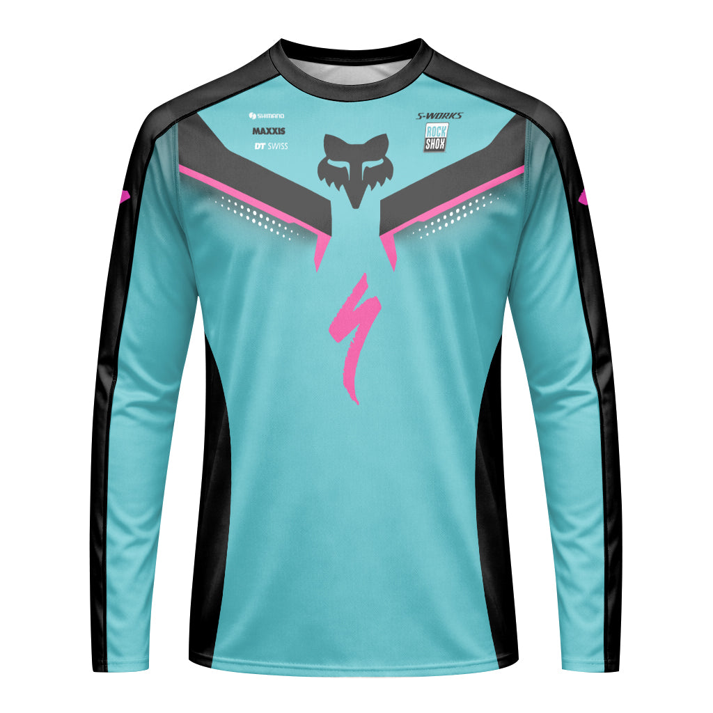 Specialized S-Works Aqua Pink Black Long Sleeve Mountain Bike Jersey - front view mockup