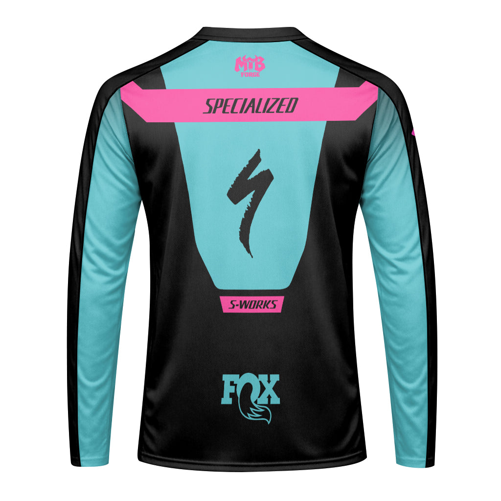 Specialized S-Works Aqua Pink Black Long Sleeve Mountain Bike Jersey - back view mockup
