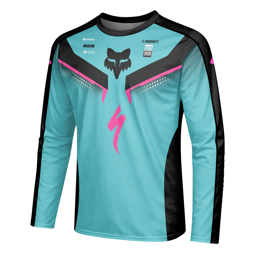 Specialized S-Works Aqua Pink Black Long Sleeve Mountain Bike Jersey - left side mockup