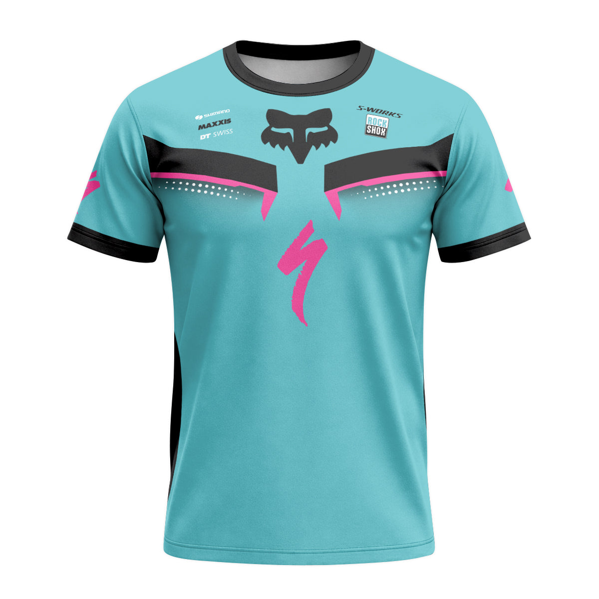 Specialized S-Works Aqua Pink Black Short Sleeve Mountain Bike Jersey - front view mockup