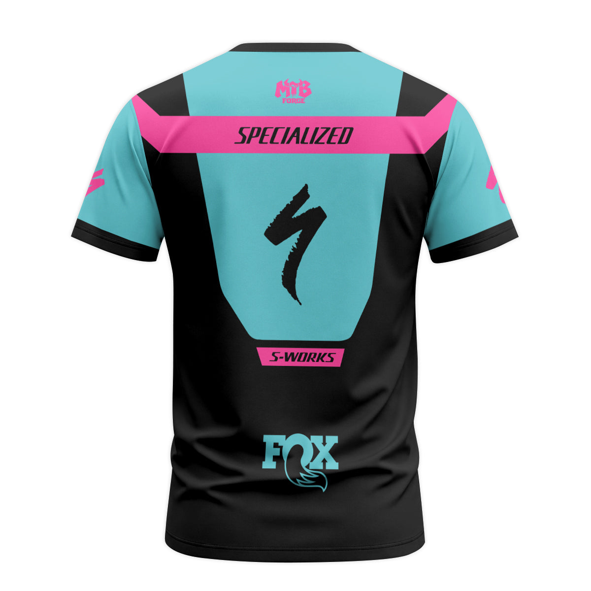 Specialized S-Works Aqua Pink Black Short Sleeve Mountain Bike Jersey - back view mockup