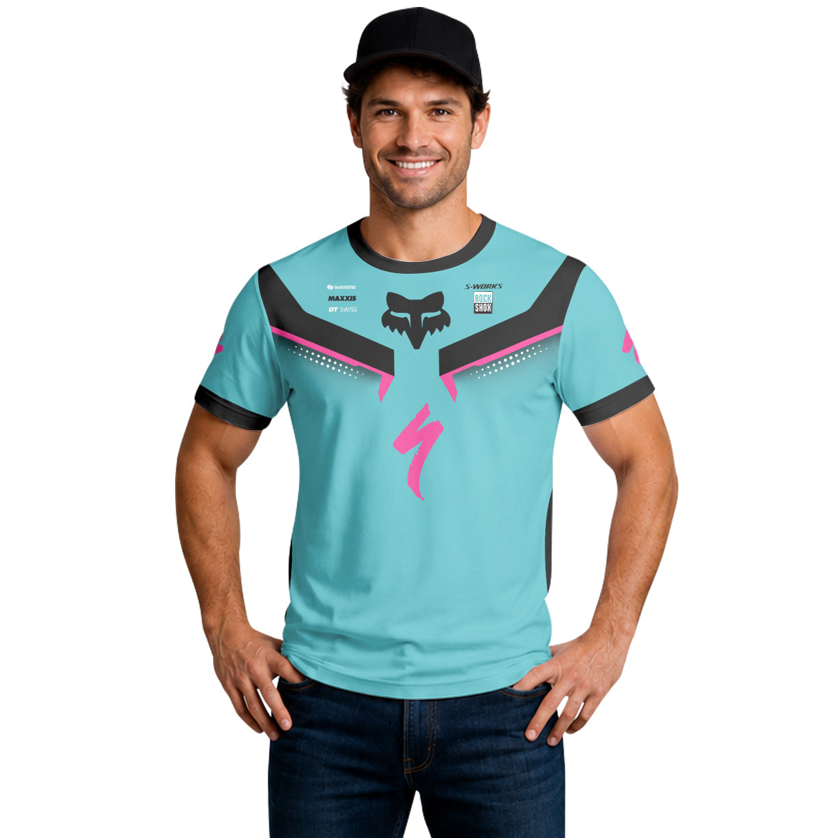 Specialized S-Works Aqua Pink Black Short Sleeve Mountain Bike Jersey - lifestyle view