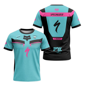 Specialized S-Works Aqua Pink Black Short Sleeve Mountain Bike Jersey - front and back view