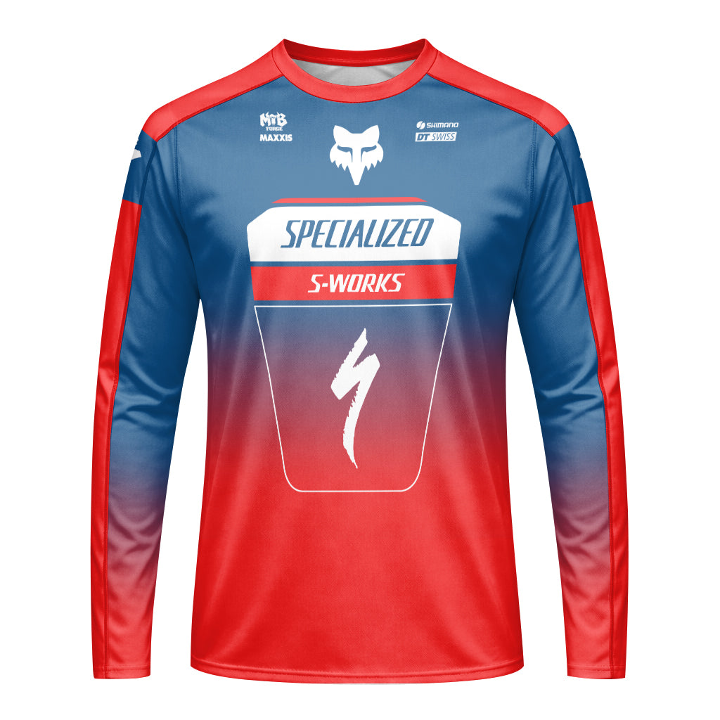 Specialized S-Works Blue Red Long Sleeve Mountain Bike Jersey - front view mockup
