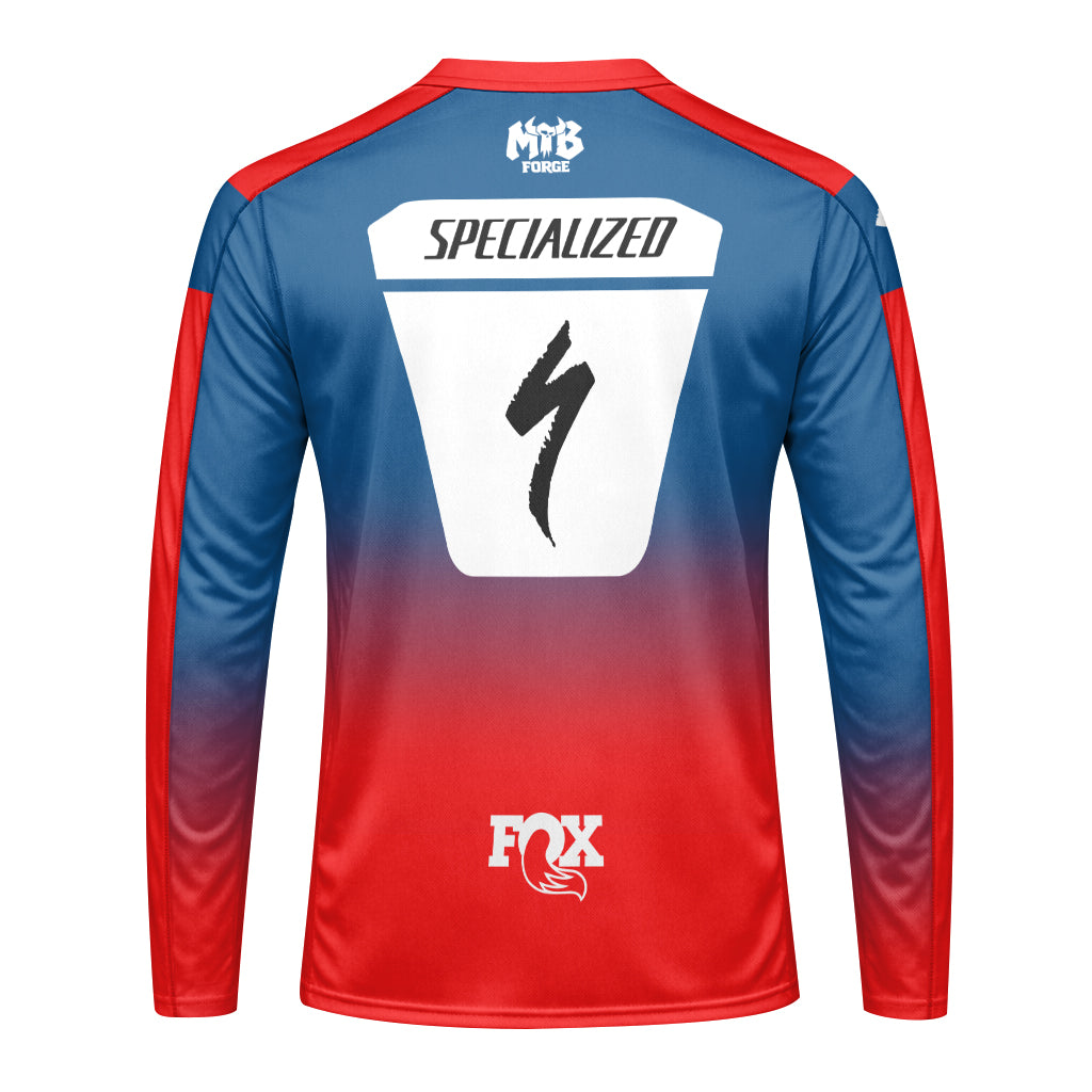 Specialized S-Works Blue Red Long Sleeve Mountain Bike Jersey - back view mockup