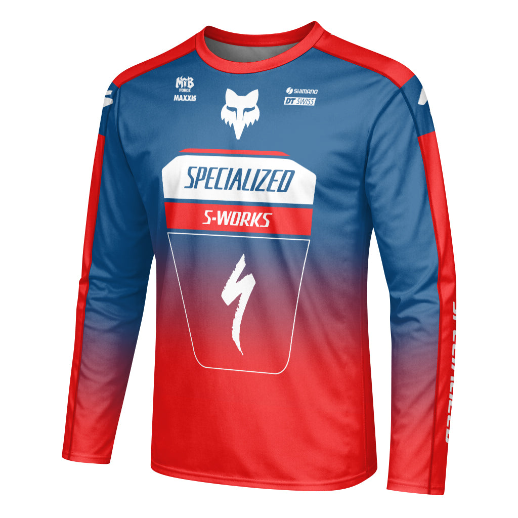 Specialized S-Works Blue Red Long Sleeve Mountain Bike Jersey - left side mockup