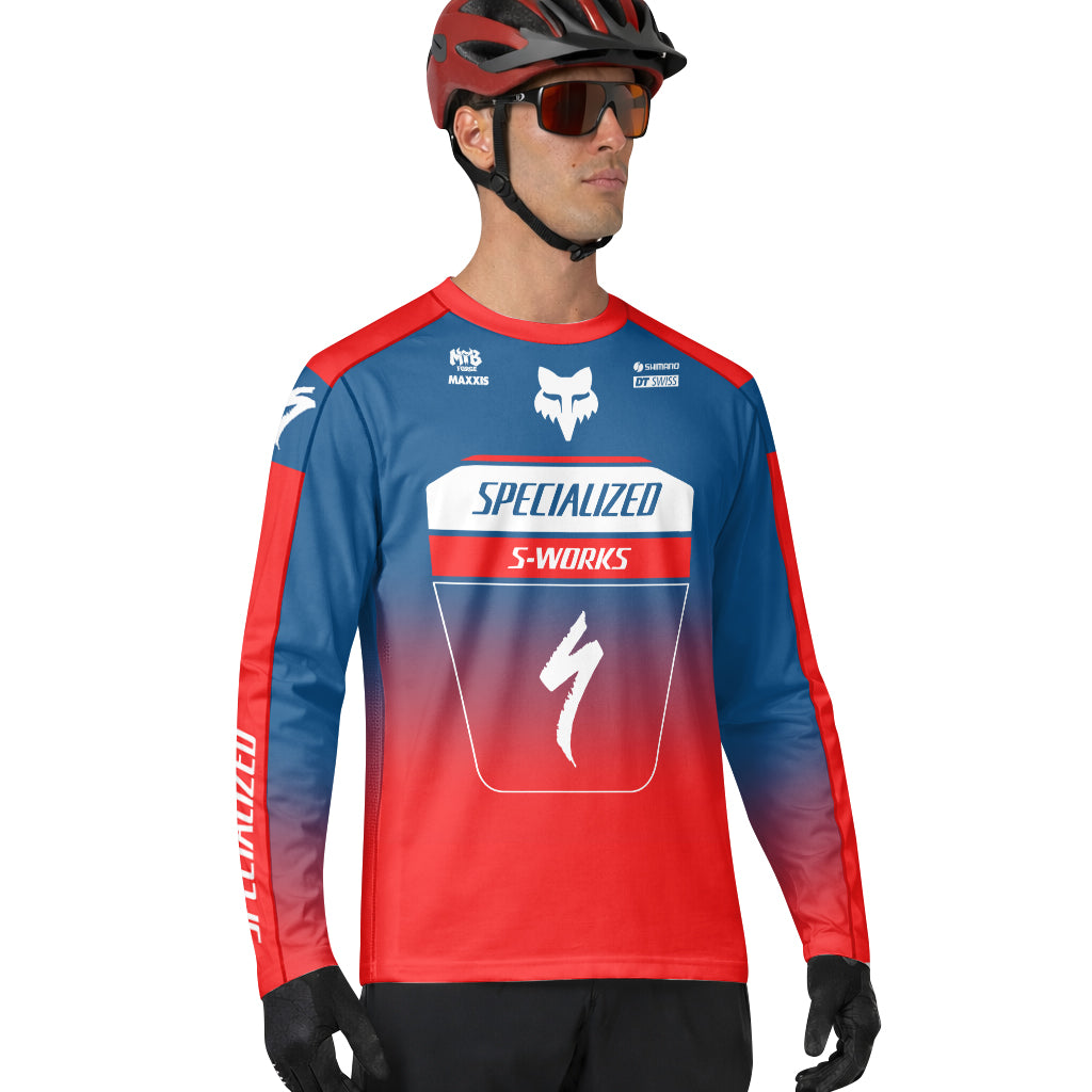 Specialized S-Works Blue Red Long Sleeve Mountain Bike Jersey - lifestyle view