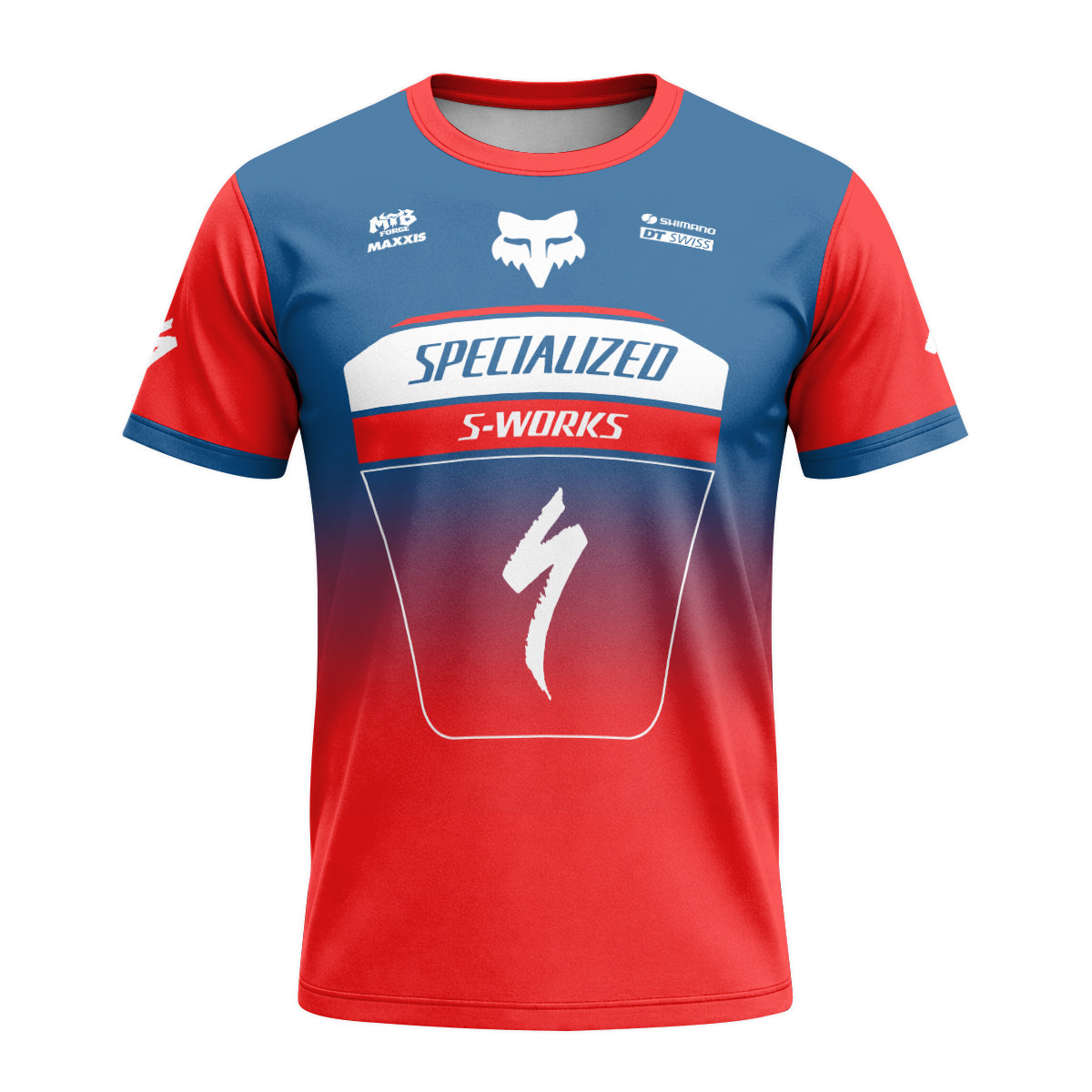 Specialized S-Works Blue Red Short Sleeve Mountain Bike Jersey - front view mockup