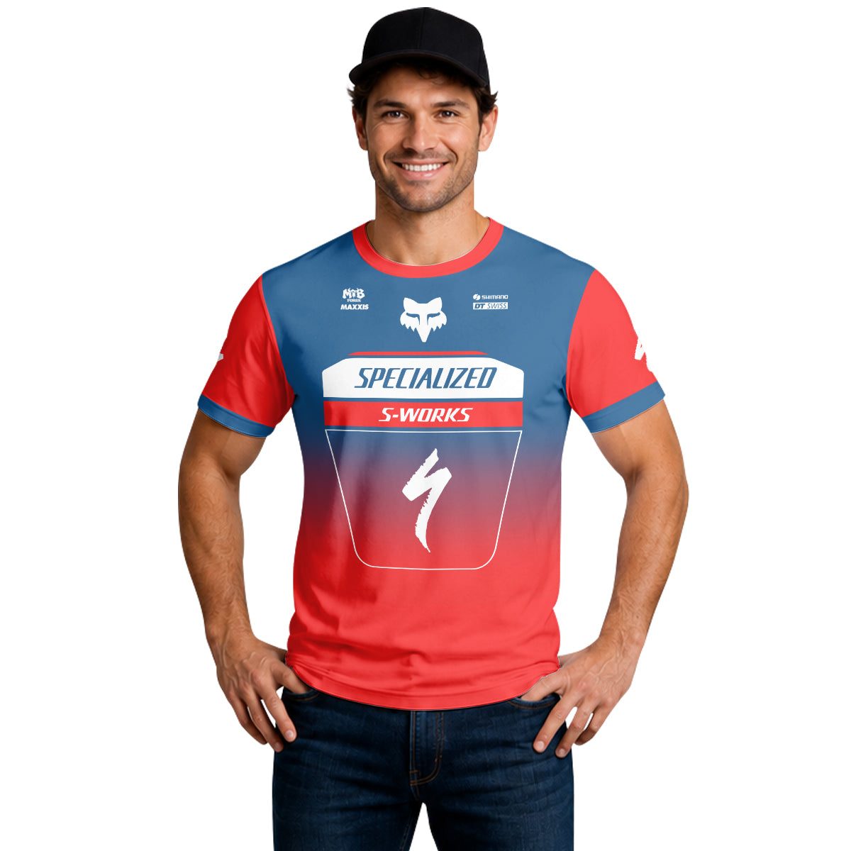 Specialized S-Works Blue Red Short Sleeve Mountain Bike Jersey - lifestyle view