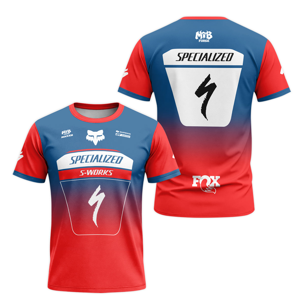 Specialized S-Works Blue Red Short Sleeve Mountain Bike Jersey - front and back view