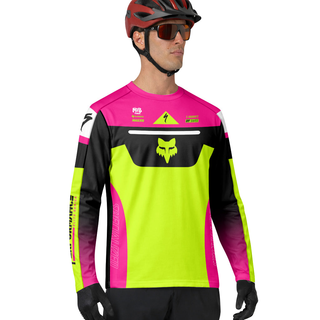 Specialized S-Works Fox Neon Pink Lime Long Sleeve Mountain Bike Jersey - lifestyle view