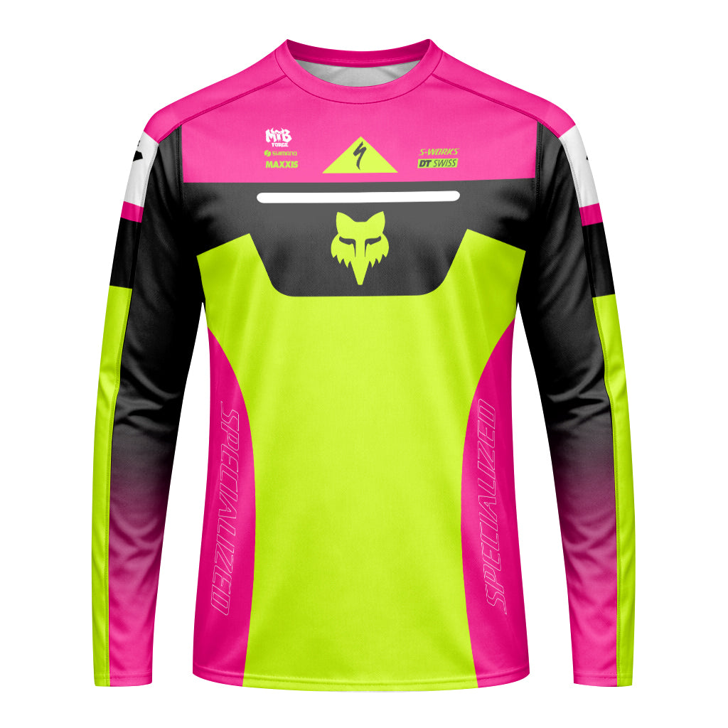 Specialized S-Works Fox Neon Pink Lime Long Sleeve Mountain Bike Jersey - front view mockup
