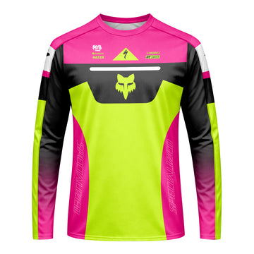 Specialized S-Works Fox Neon Pink Lime Long Sleeve Mountain Bike Jersey - front view mockup