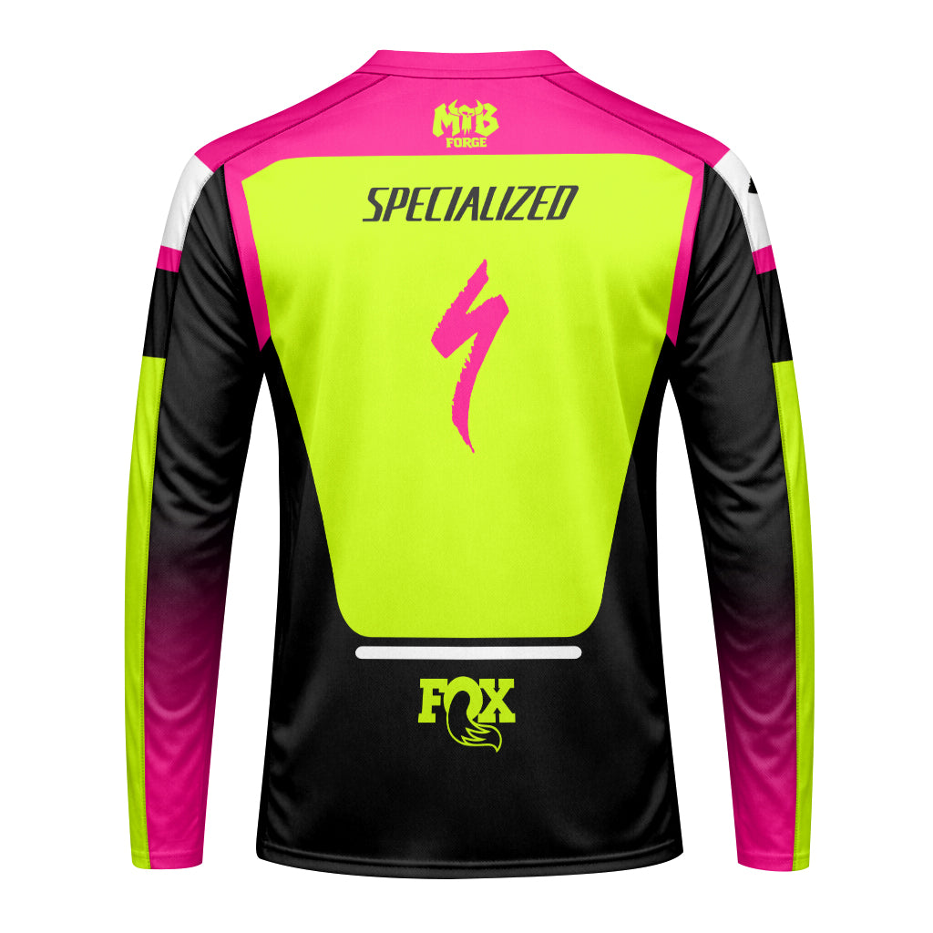 Specialized S-Works Fox Neon Pink Lime Long Sleeve Mountain Bike Jersey - back view mockup