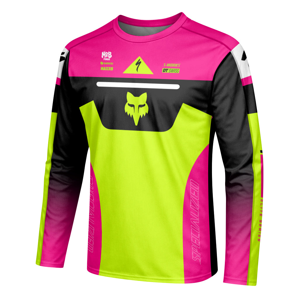 Specialized S-Works Fox Neon Pink Lime Long Sleeve Mountain Bike Jersey - left side mockup