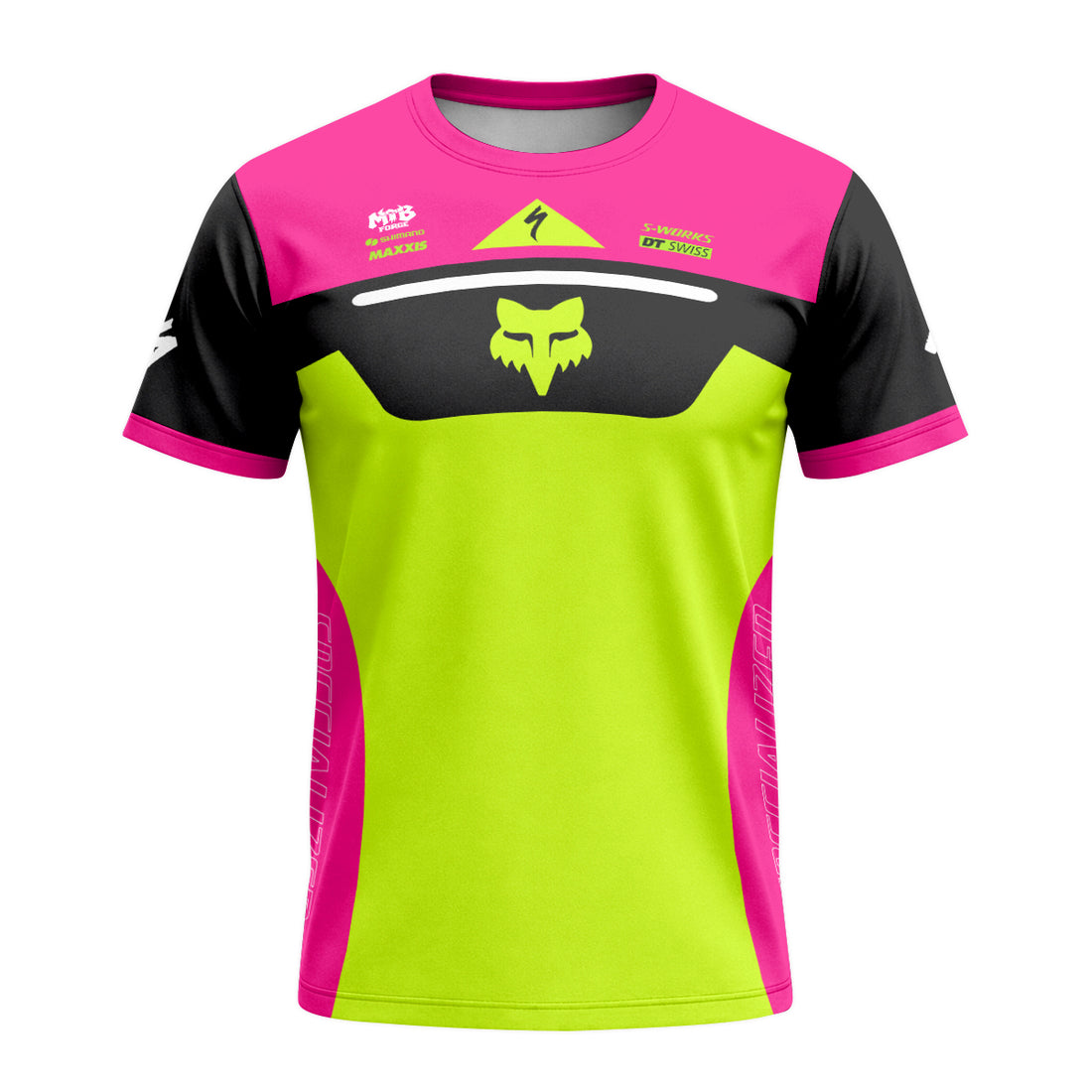 Specialized S-Works Fox Neon Pink Lime Short Sleeve Mountain Bike Jersey - front and back view