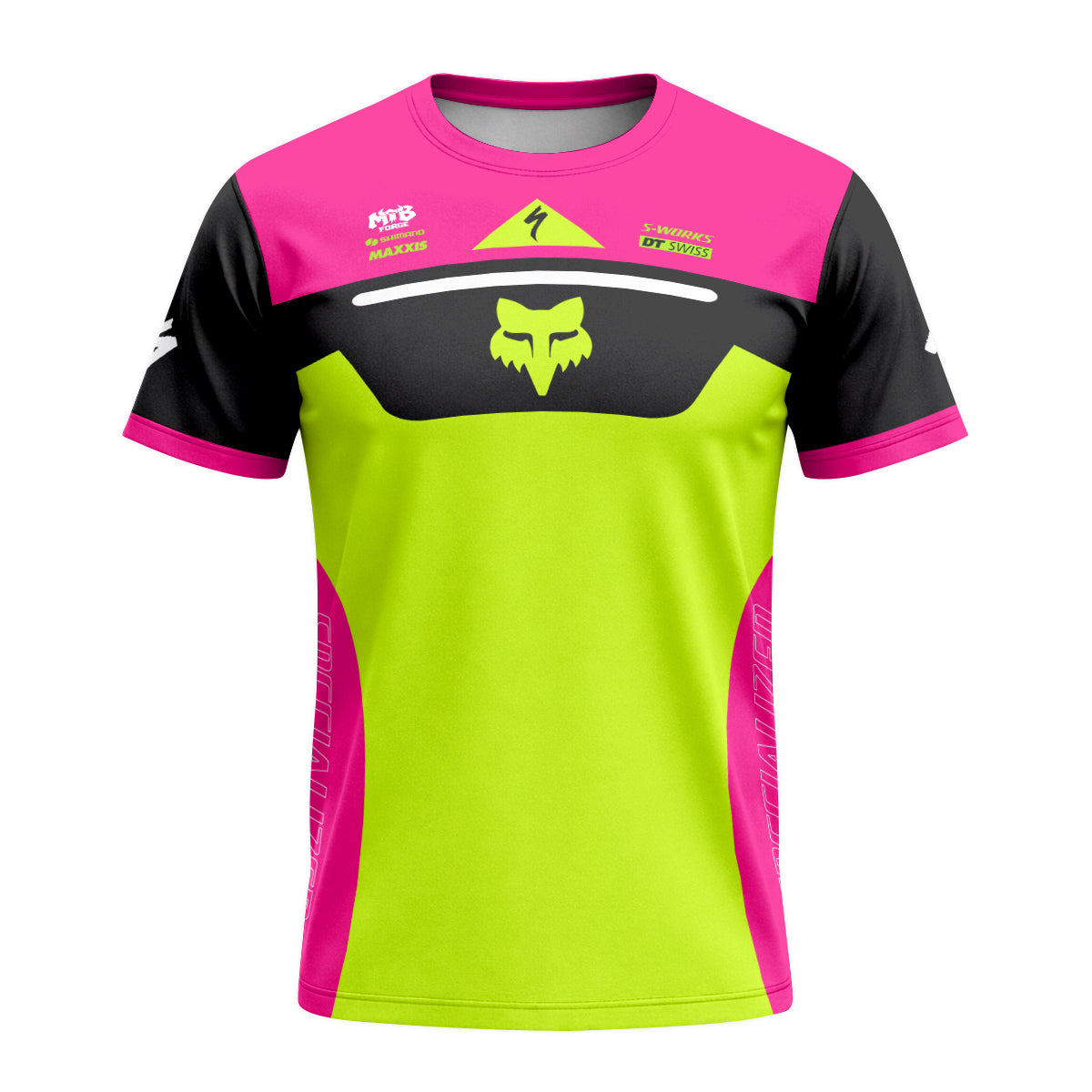 Specialized S-Works Fox Neon Pink Lime Short Sleeve Mountain Bike Jersey - front view mockup
