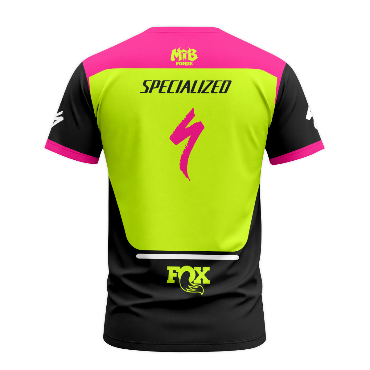 Specialized S-Works Fox Neon Pink Lime Short Sleeve Mountain Bike Jersey - back view mockup