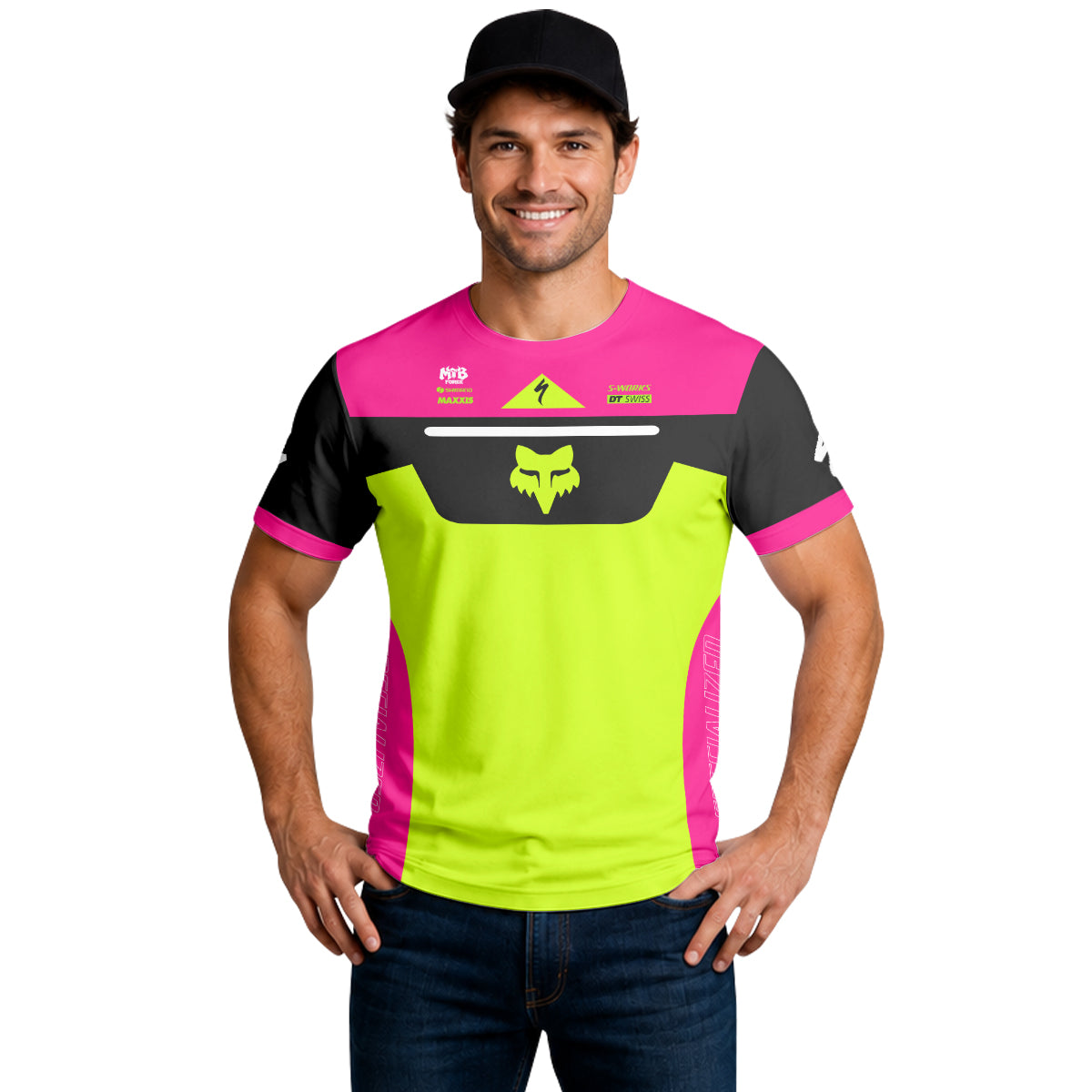 Specialized S-Works Fox Neon Pink Lime Short Sleeve Mountain Bike Jersey - lifestyle view
