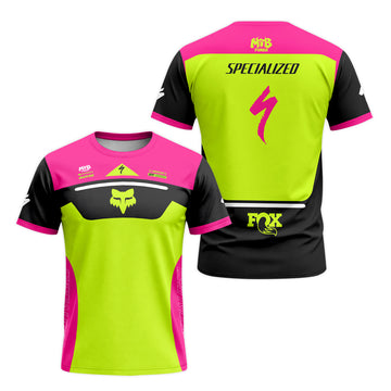 Specialized S-Works Fox Neon Pink Lime Short Sleeve Mountain Bike Jersey - front and back view