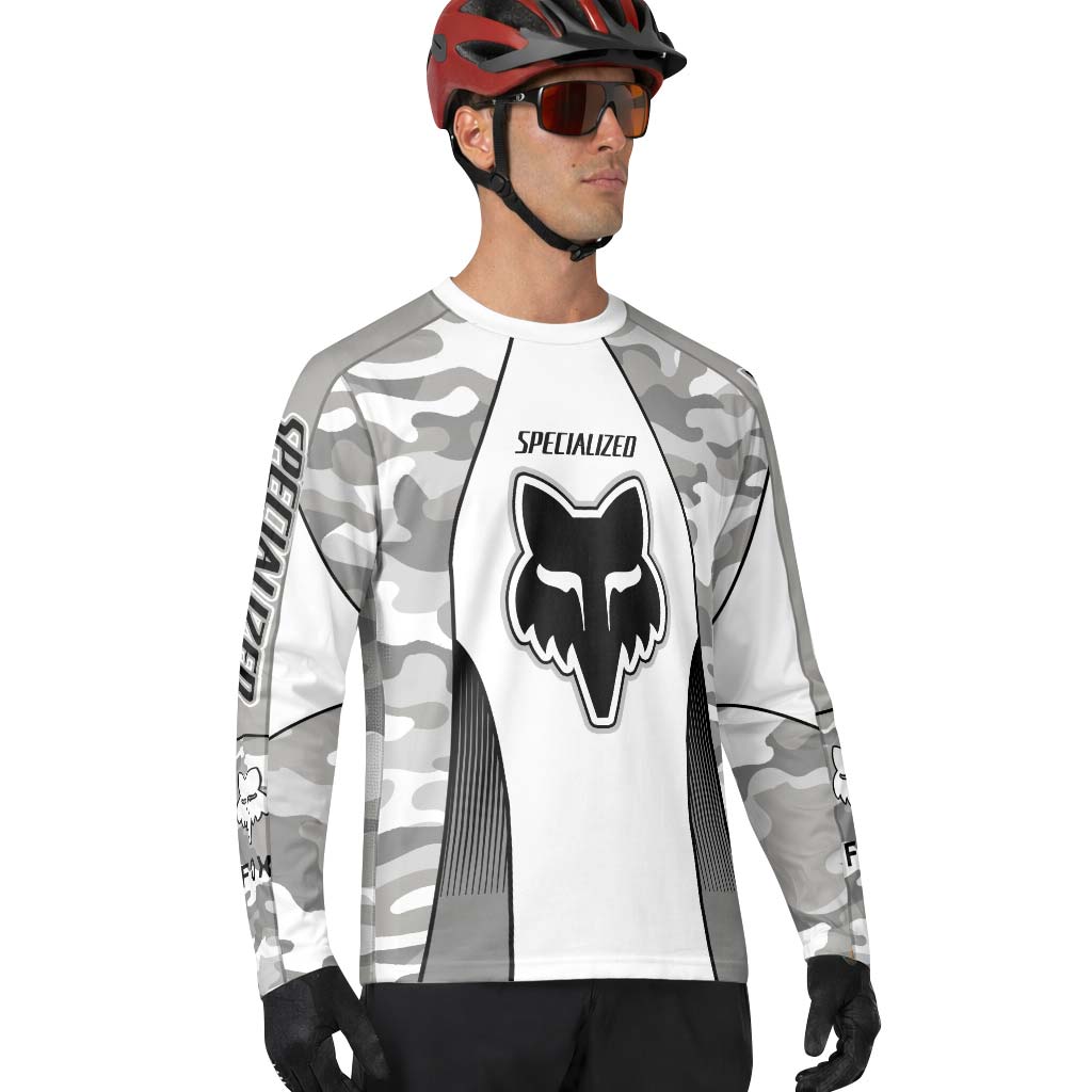 Specialized S-Works Fox White Gray Camo Long Sleeve Mountain Bike Jersey - lifestyle view