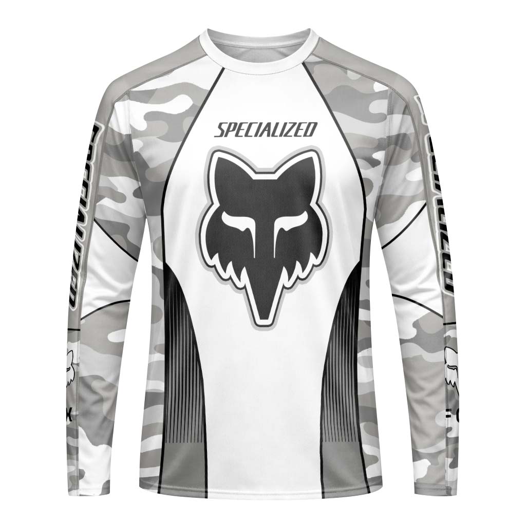 Specialized S-Works Fox White Gray Camo Long Sleeve Mountain Bike Jersey - front view mockup