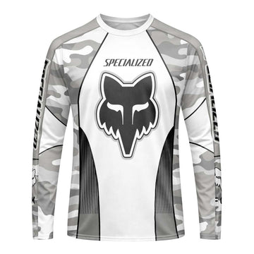 Specialized S-Works Fox White Gray Camo Long Sleeve Mountain Bike Jersey - front view mockup