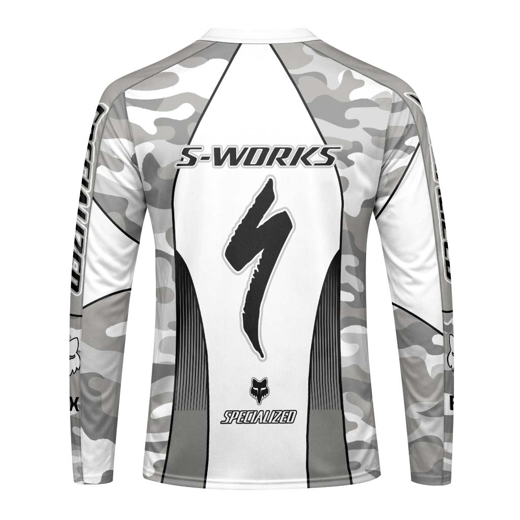 Specialized S-Works Fox White Gray Camo Long Sleeve Mountain Bike Jersey - back view mockup