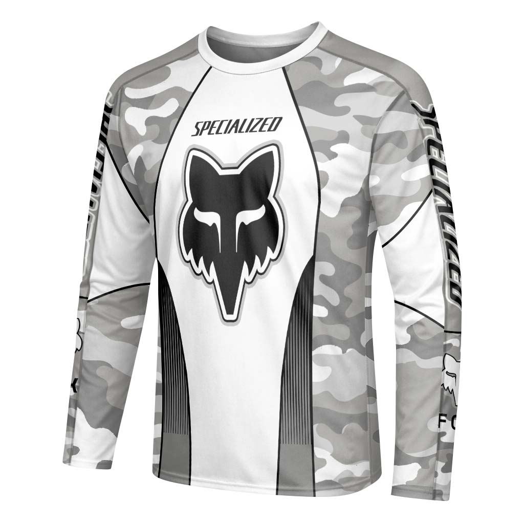 Specialized S-Works Fox White Gray Camo Long Sleeve Mountain Bike Jersey - left side mockup