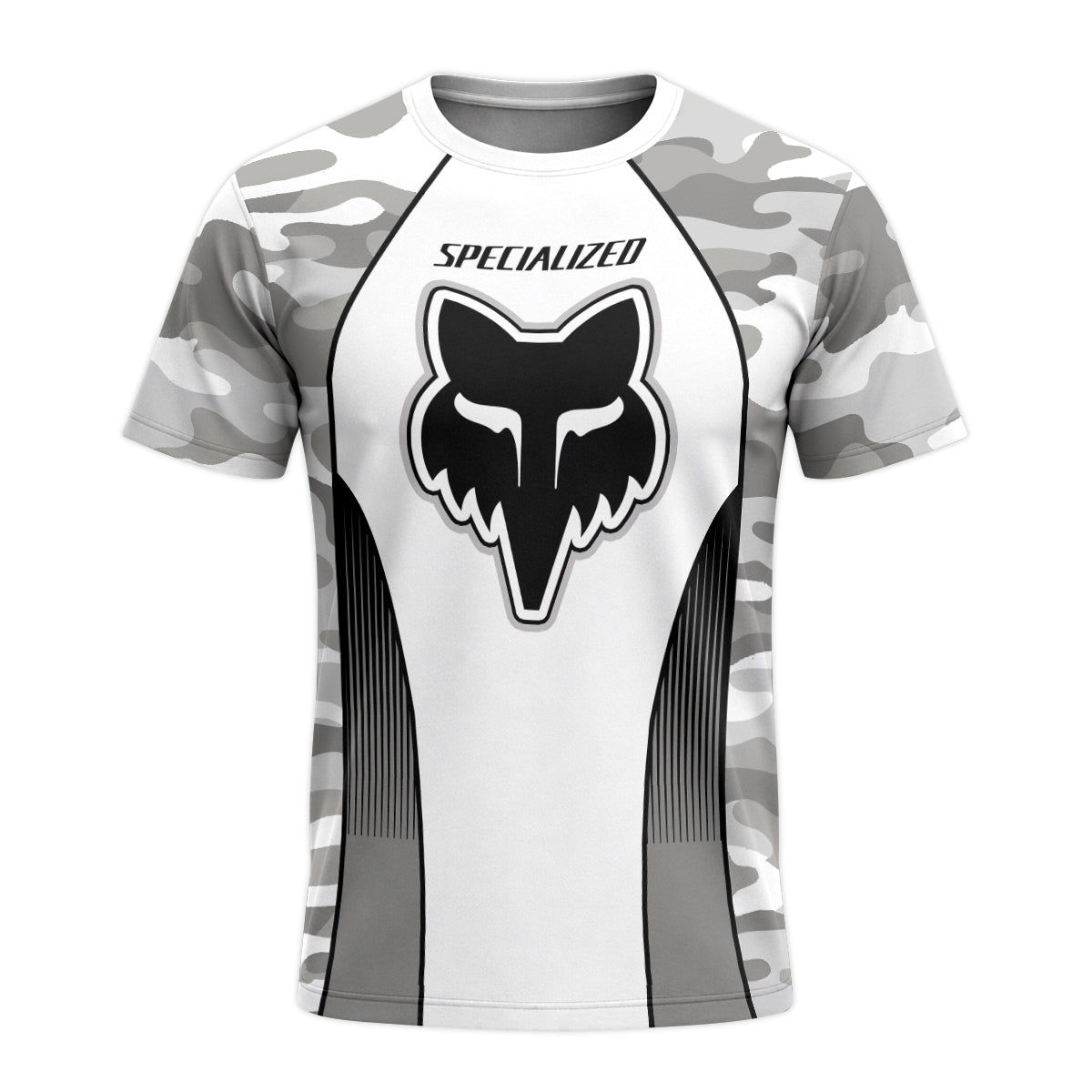 Specialized S-Works Fox White Gray Camo Short Sleeve Mountain Bike Jersey - front view mockup