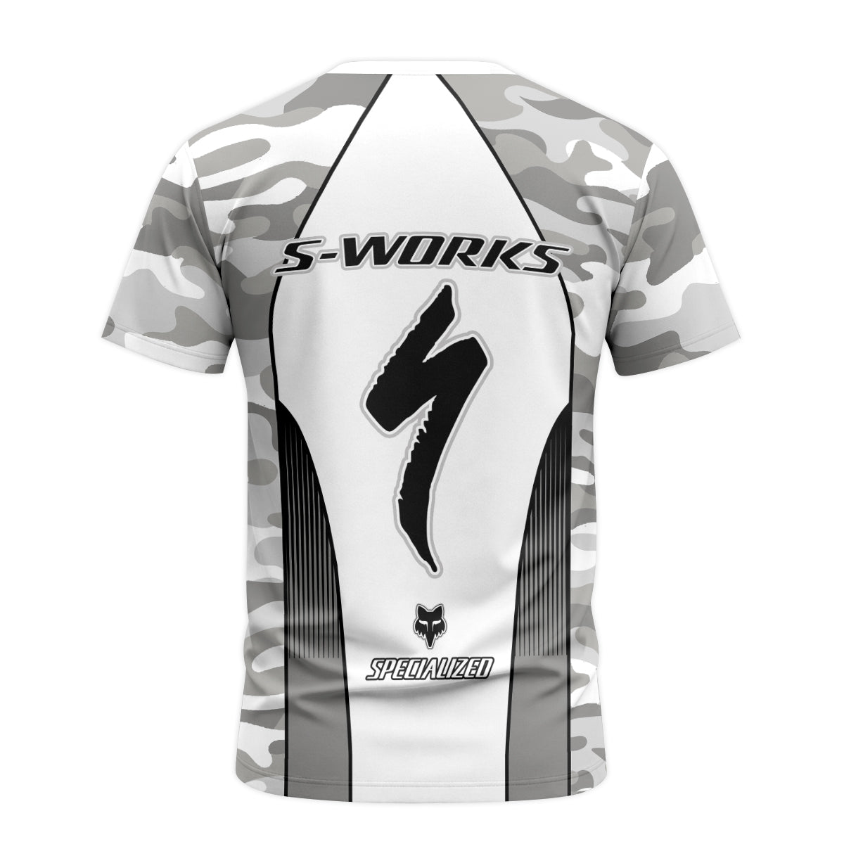 Specialized S-Works Fox White Gray Camo Short Sleeve Mountain Bike Jersey - back view mockup