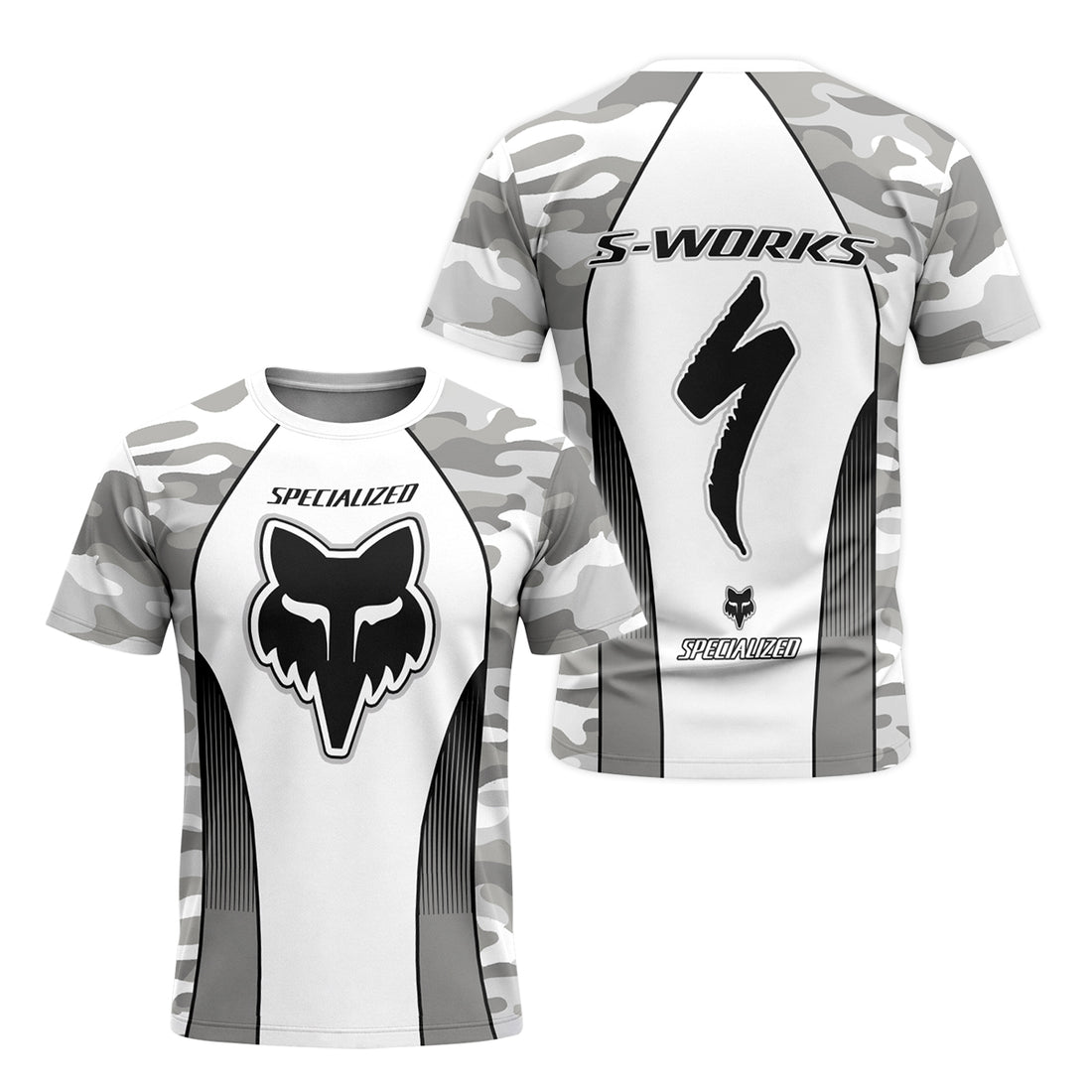 Specialized S-Works Fox White Gray Camo Short Sleeve Mountain Bike Jersey - front and back view