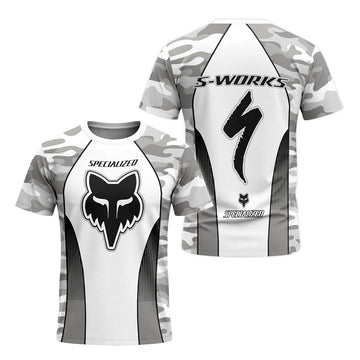 Specialized S-Works Fox White Gray Camo Short Sleeve Mountain Bike Jersey - front and back view