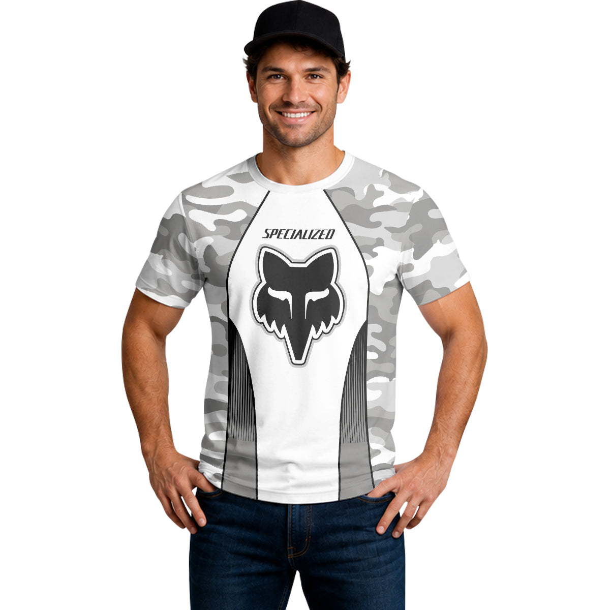 Specialized S-Works Fox White Gray Camo Short Sleeve Mountain Bike Jersey - lifestyle view