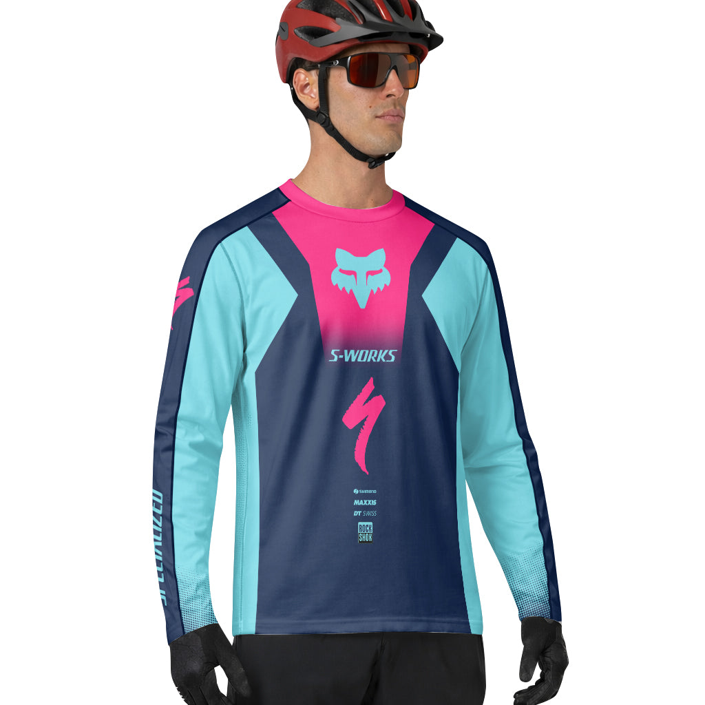 Specialized S-Works Navy Aqua Pink Long Sleeve Mountain Bike Jersey - lifestyle view