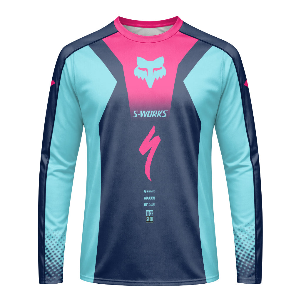 Specialized S-Works Navy Aqua Pink Long Sleeve Mountain Bike Jersey - front view mockup