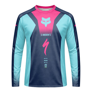 Specialized S-Works Navy Aqua Pink Long Sleeve Mountain Bike Jersey - front view mockup