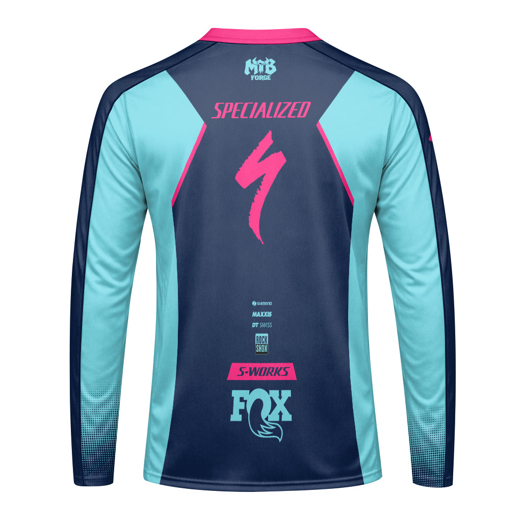 Specialized S-Works Navy Aqua Pink Long Sleeve Mountain Bike Jersey - back view mockup