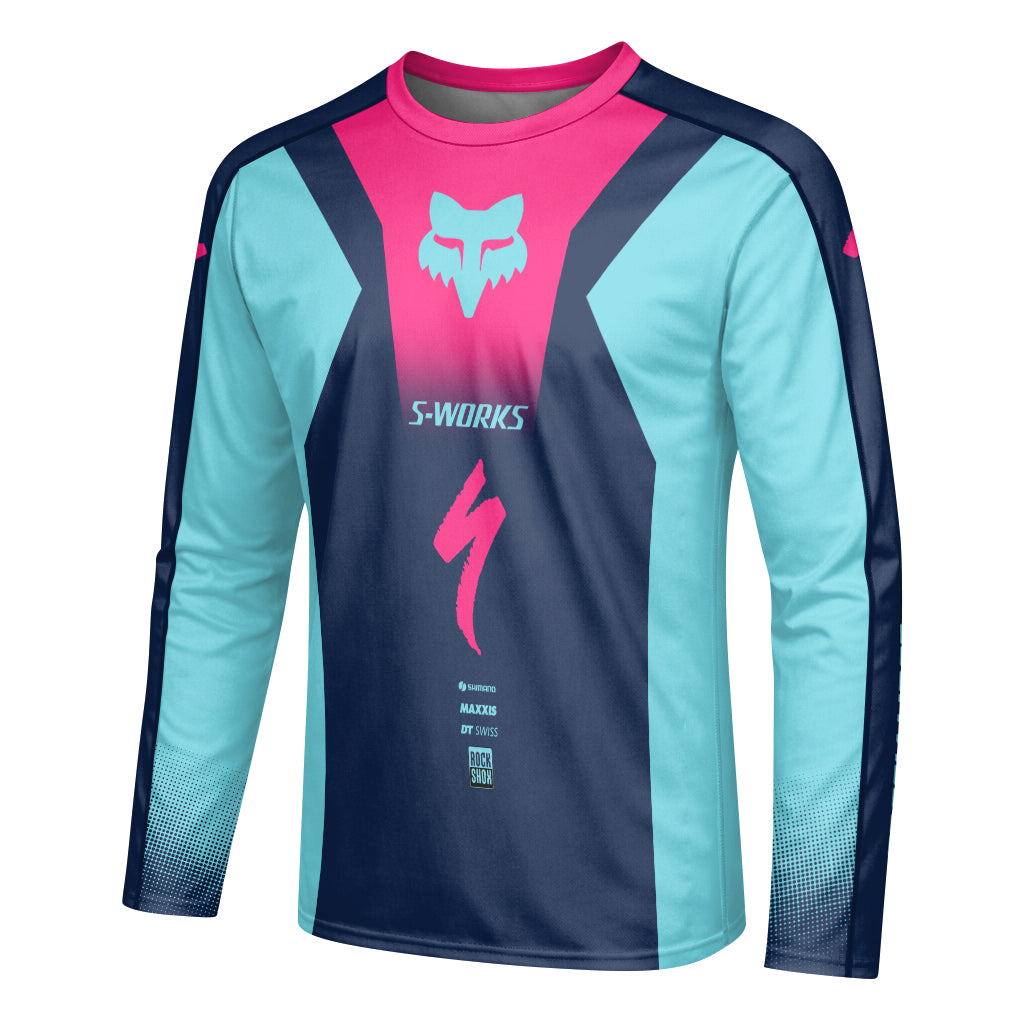 Specialized S-Works Navy Aqua Pink Long Sleeve Mountain Bike Jersey - left side mockup