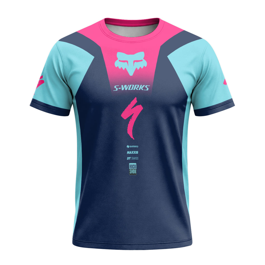 Specialized S-Works Navy Aqua Pink Short Sleeve Mountain Bike Jersey - front and back view