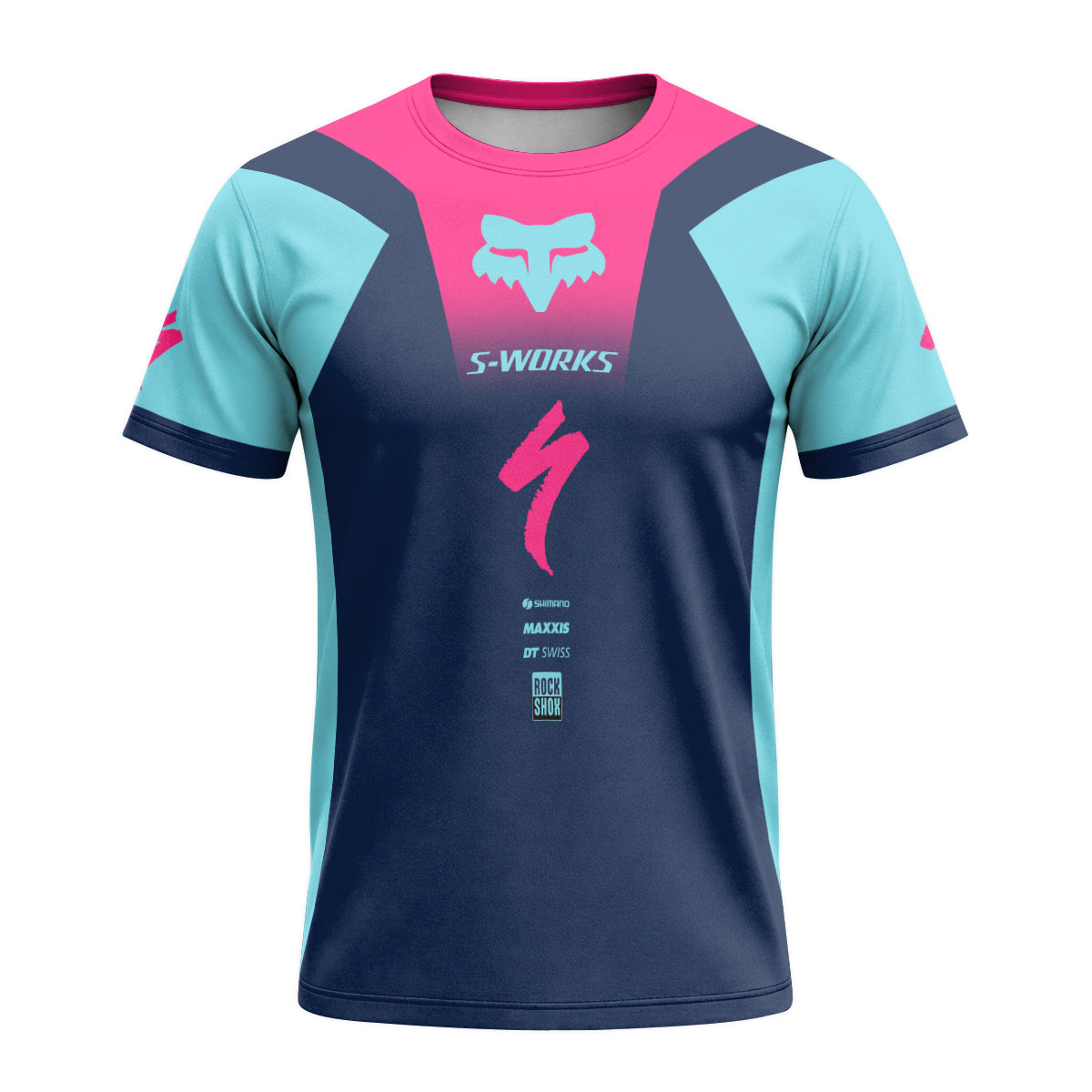 Specialized S-Works Navy Aqua Pink Short Sleeve Mountain Bike Jersey - front view mockup