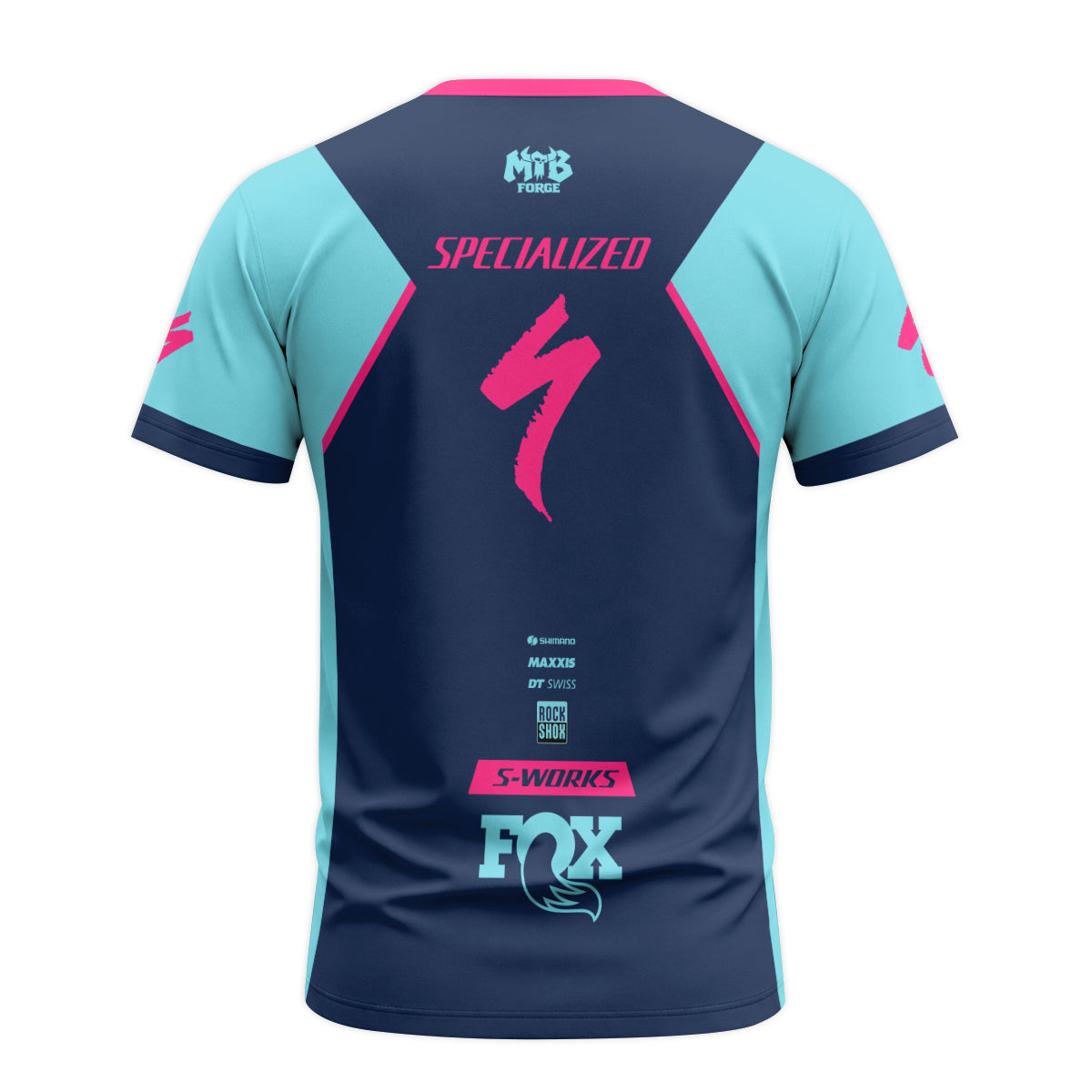 Specialized S-Works Navy Aqua Pink Short Sleeve Mountain Bike Jersey - back view mockup