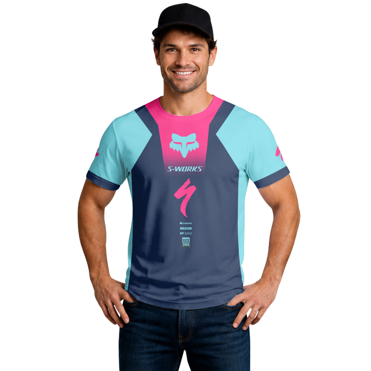 Specialized S-Works Navy Aqua Pink Short Sleeve Mountain Bike Jersey - lifestyle view